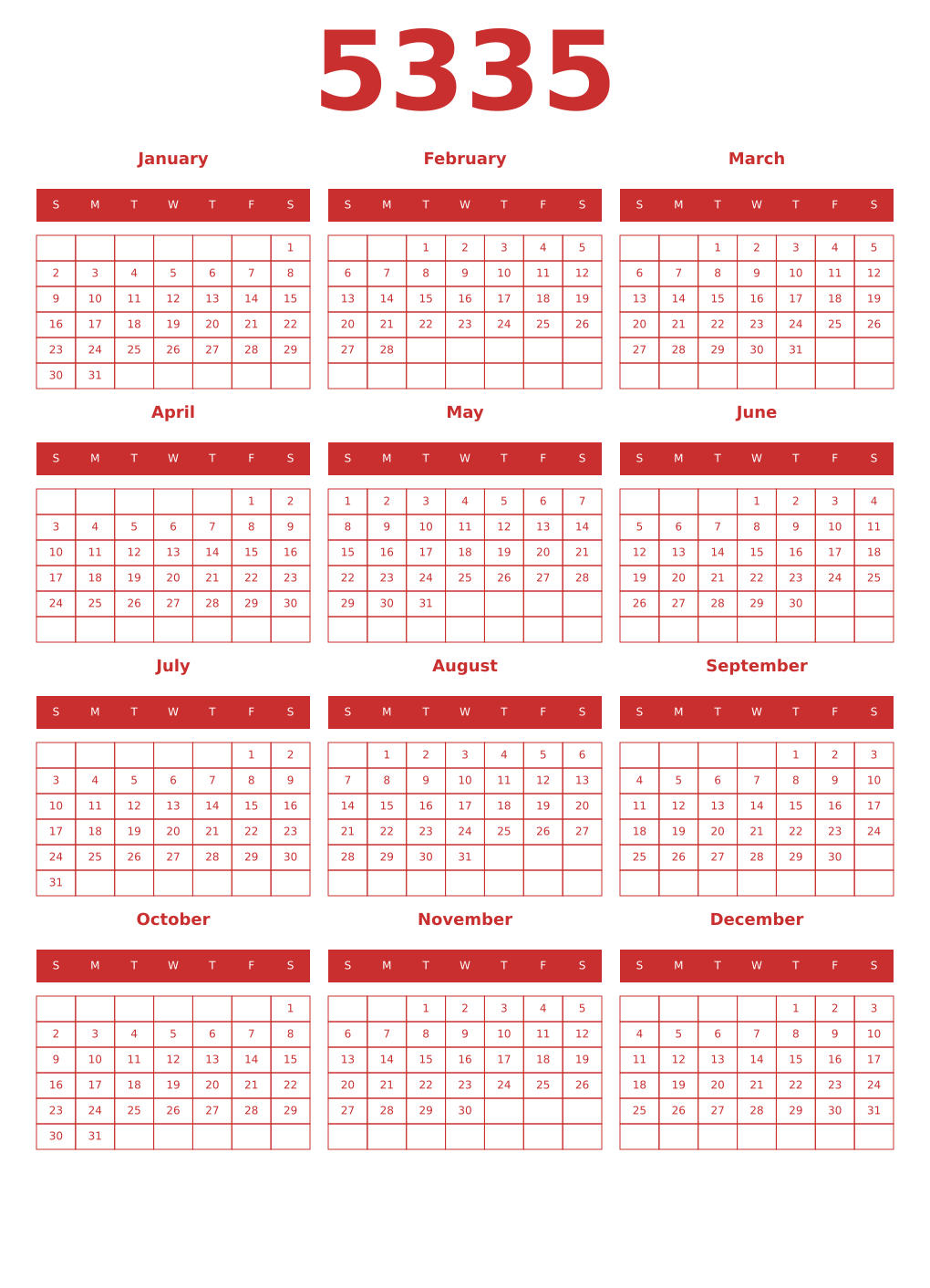 Printable 5335 Year Calendars red