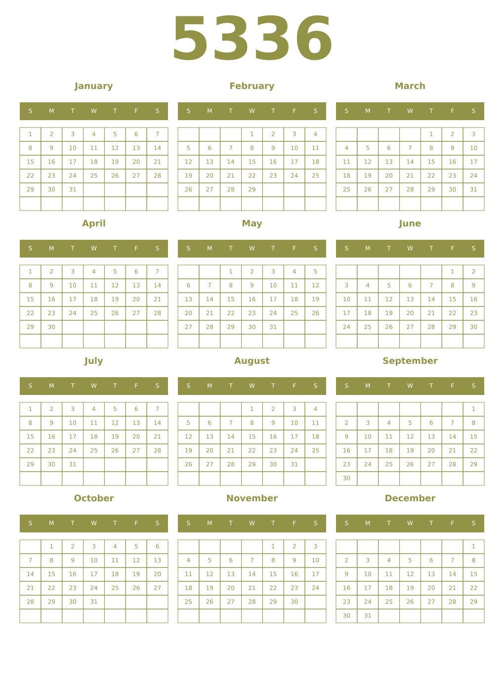 Printable 5336 Year Calendars eburnean
