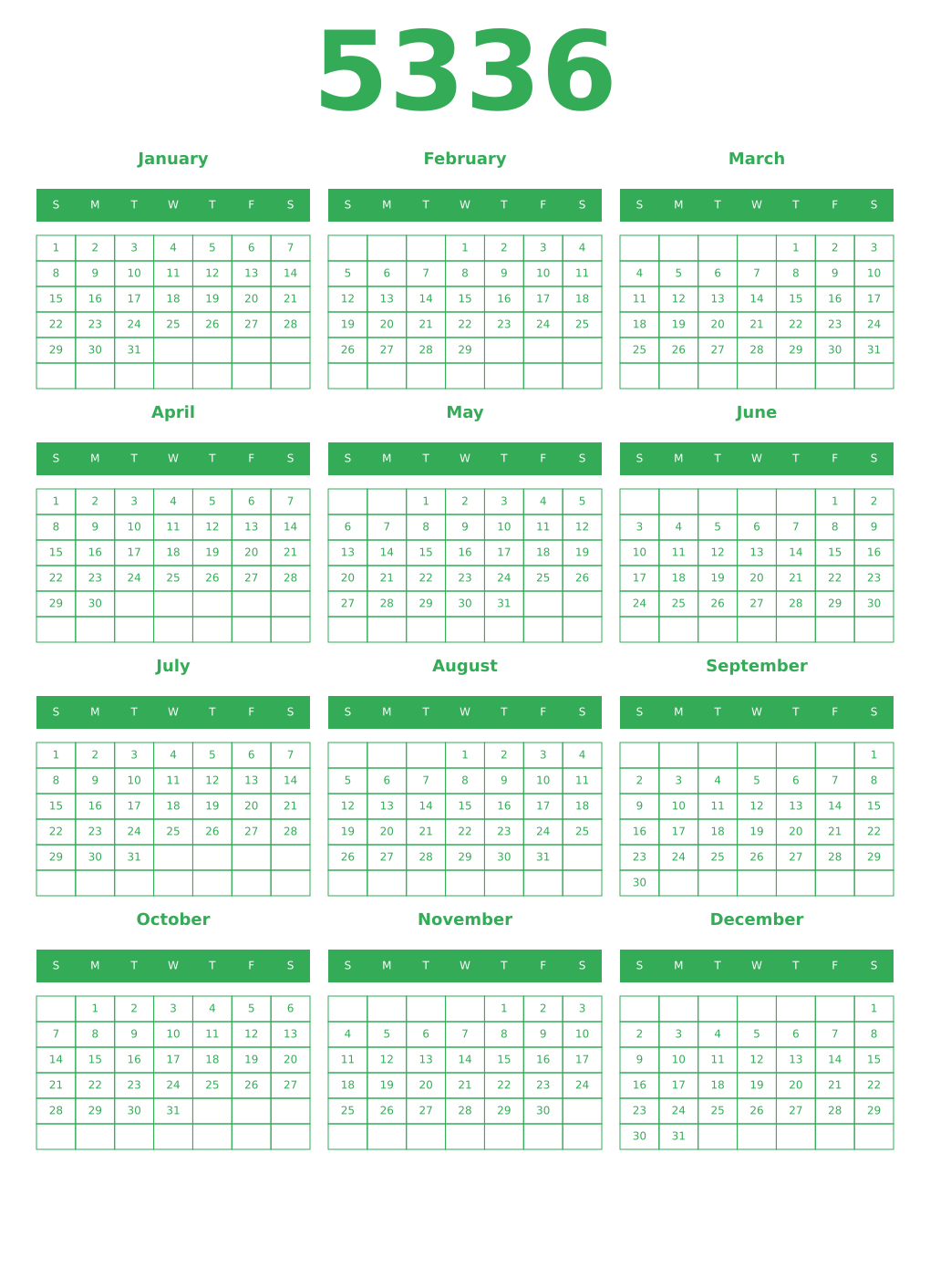 Printable 5336 Year Calendars green