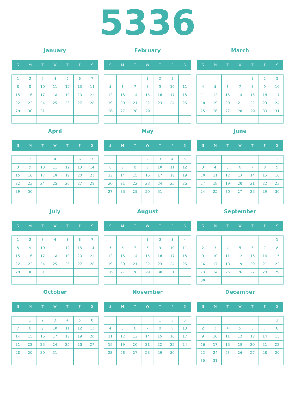Printable 5336 Year Calendars verdigris