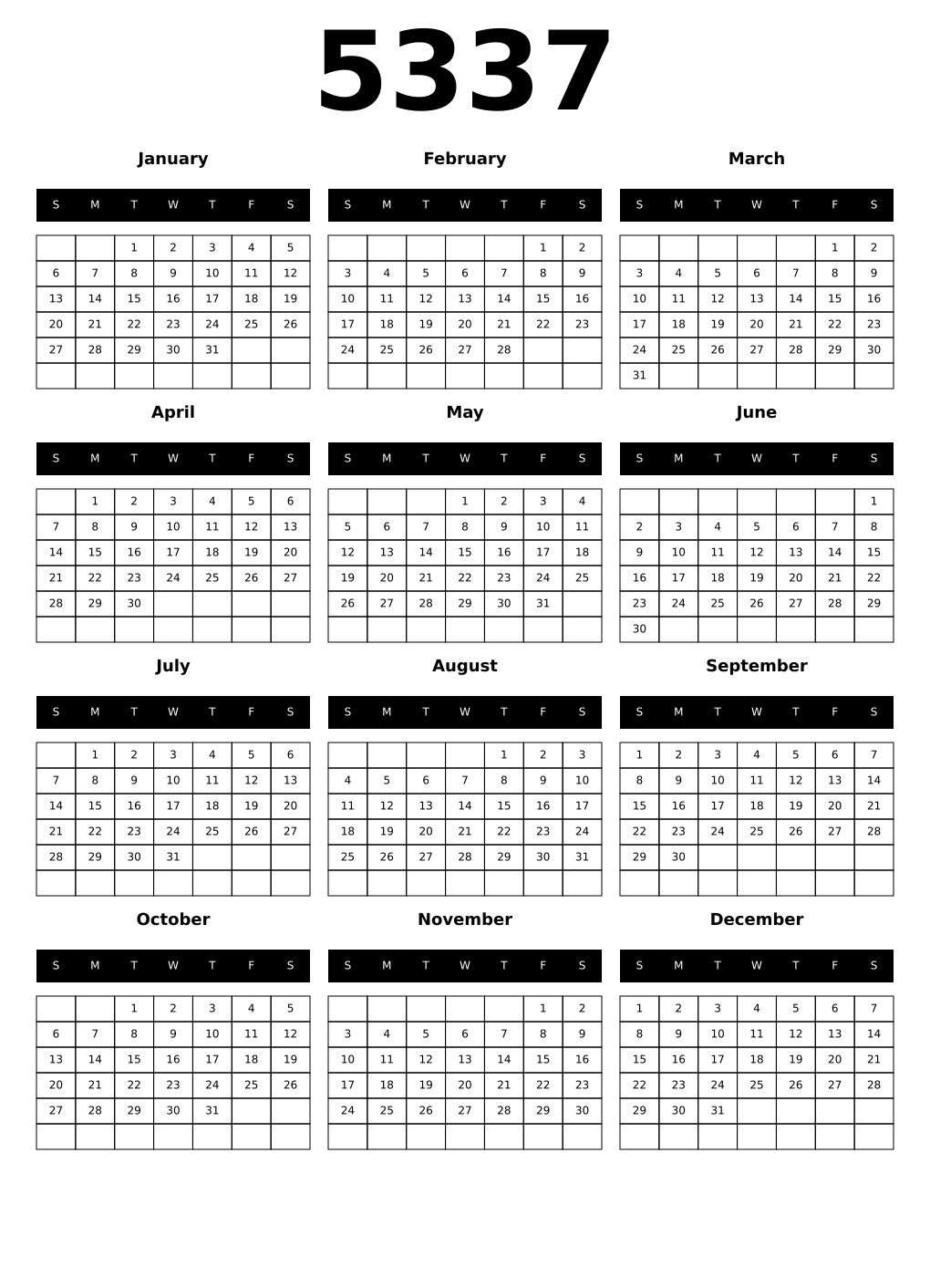 Printable 5337 Year Calendars black