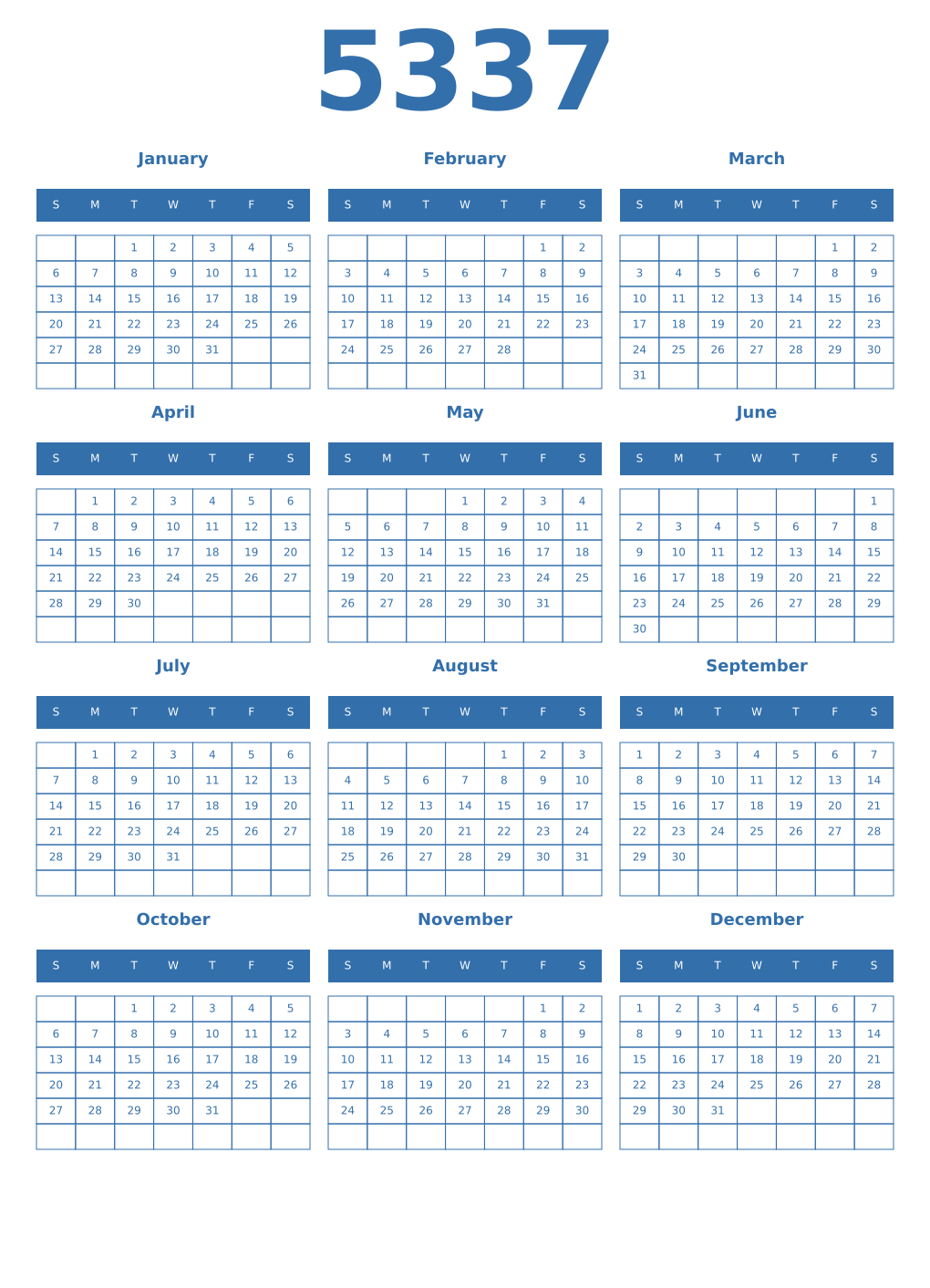 Printable 5337 Year Calendars blue