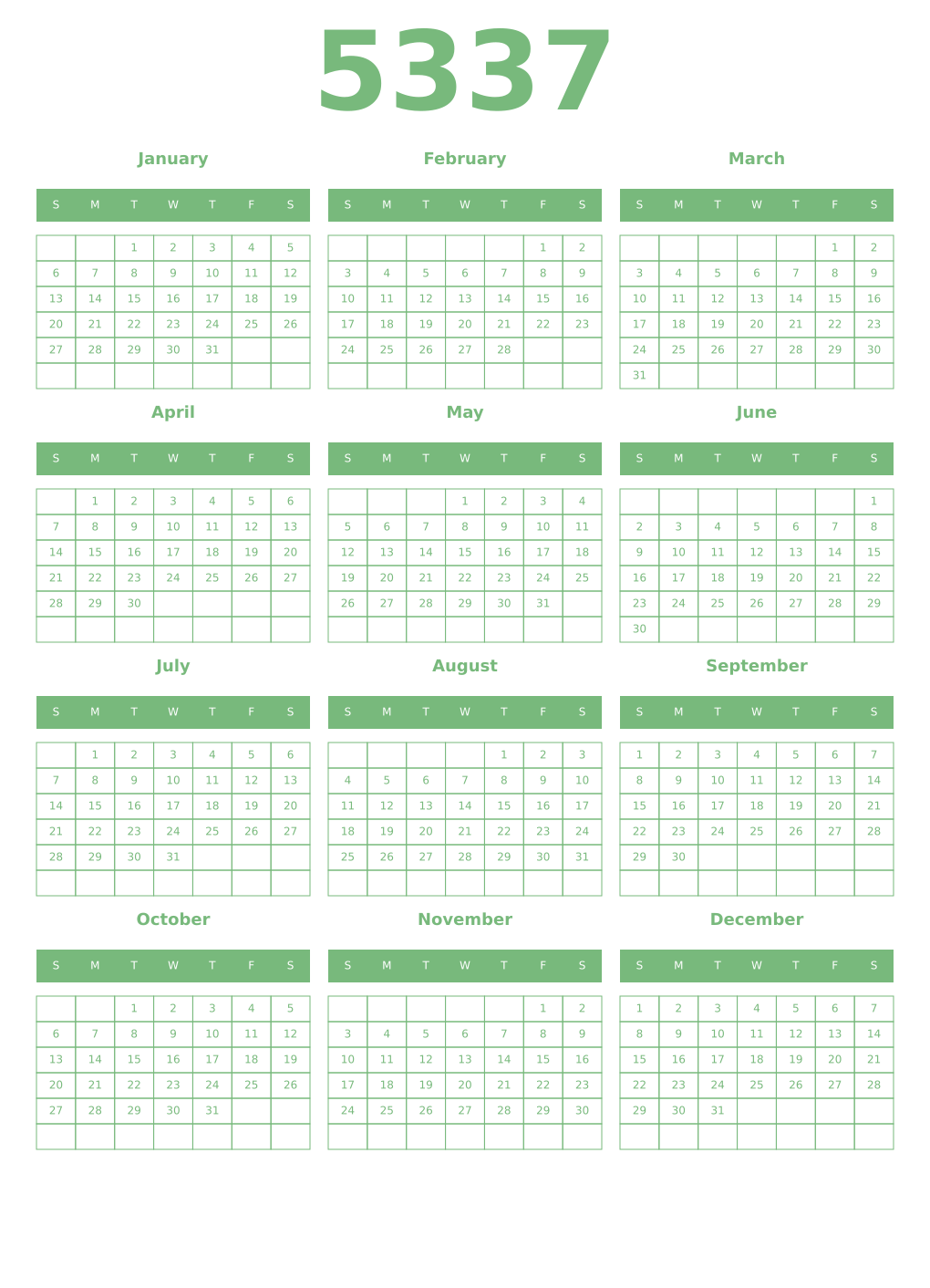 Printable 5337 Year Calendars celadon