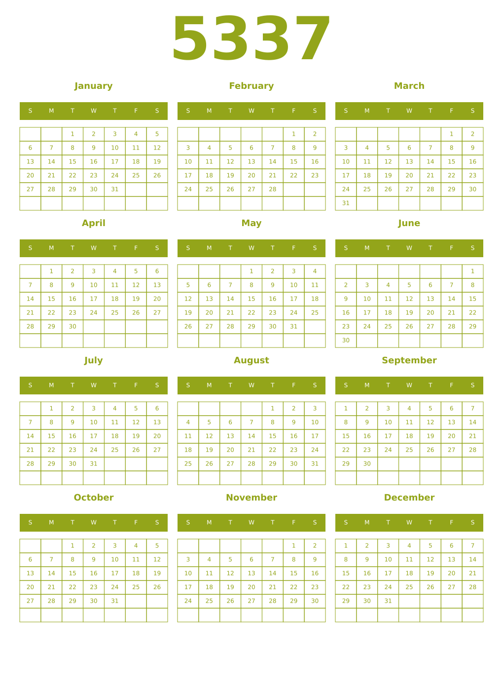 Printable 5337 Year Calendars chartreuse