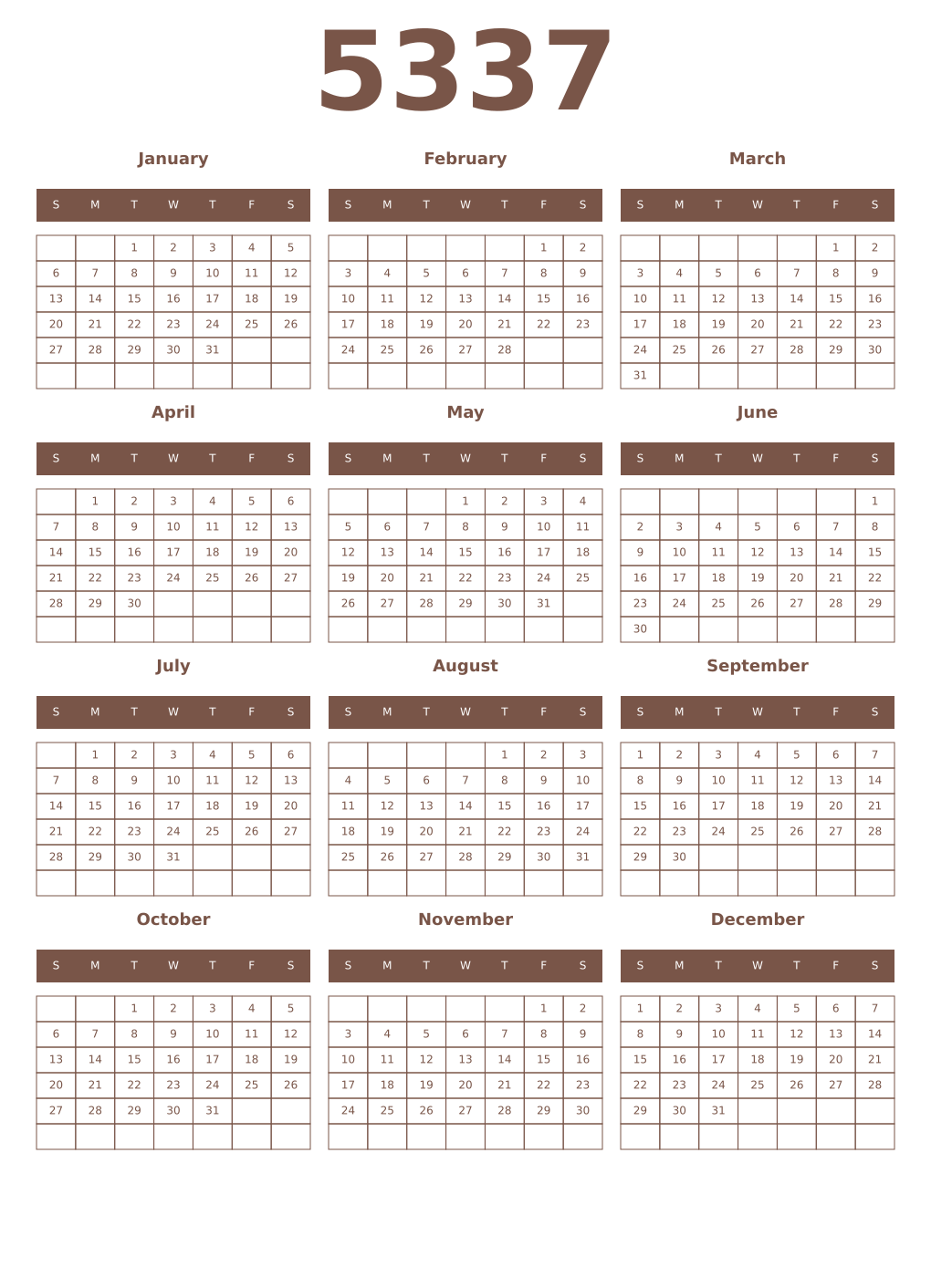 Printable 5337 Year Calendars coffe