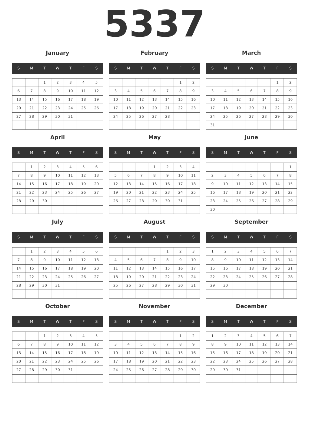 Printable 5337 Year Calendars dark