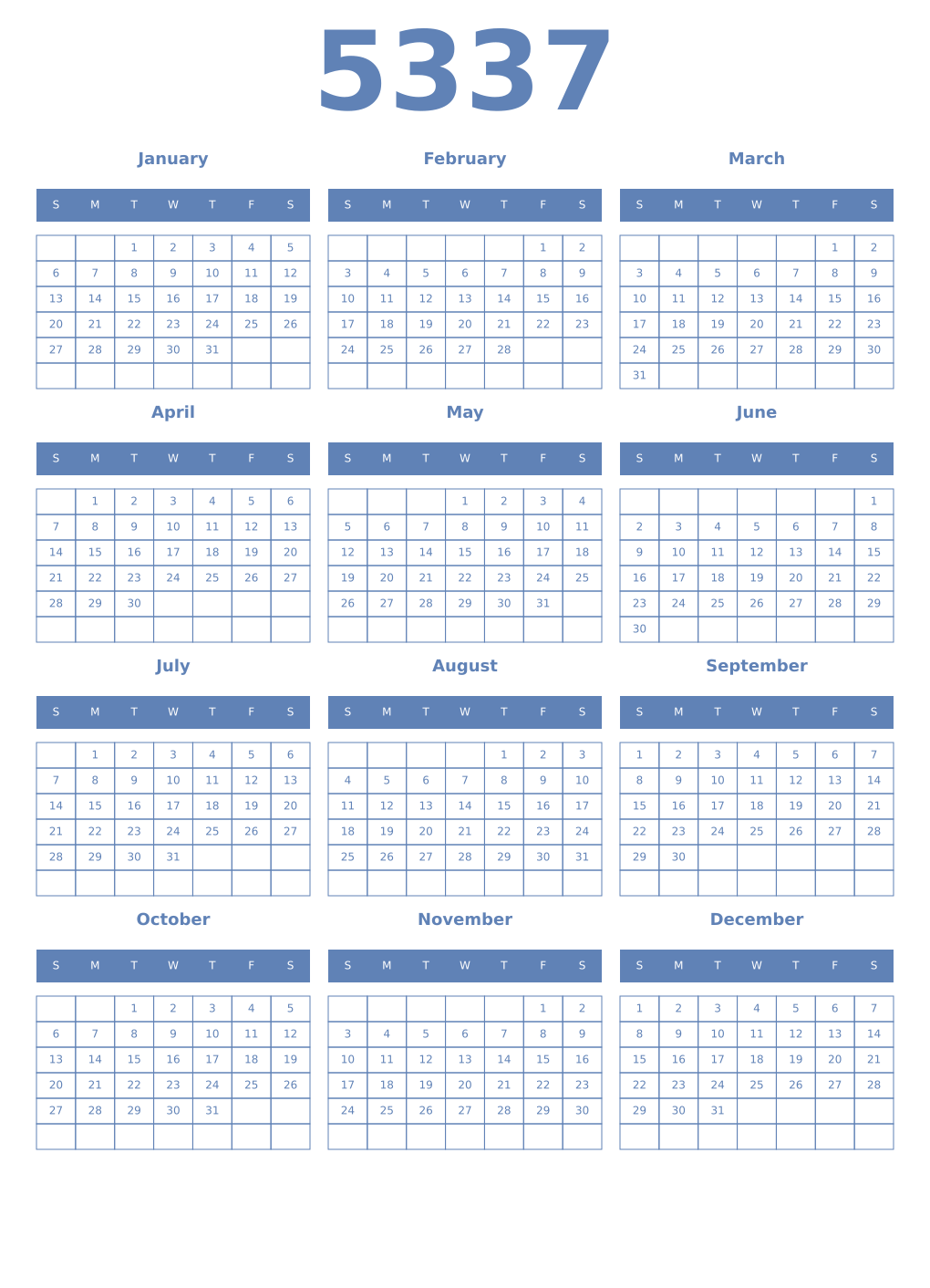 Printable 5337 Year Calendars glaucous