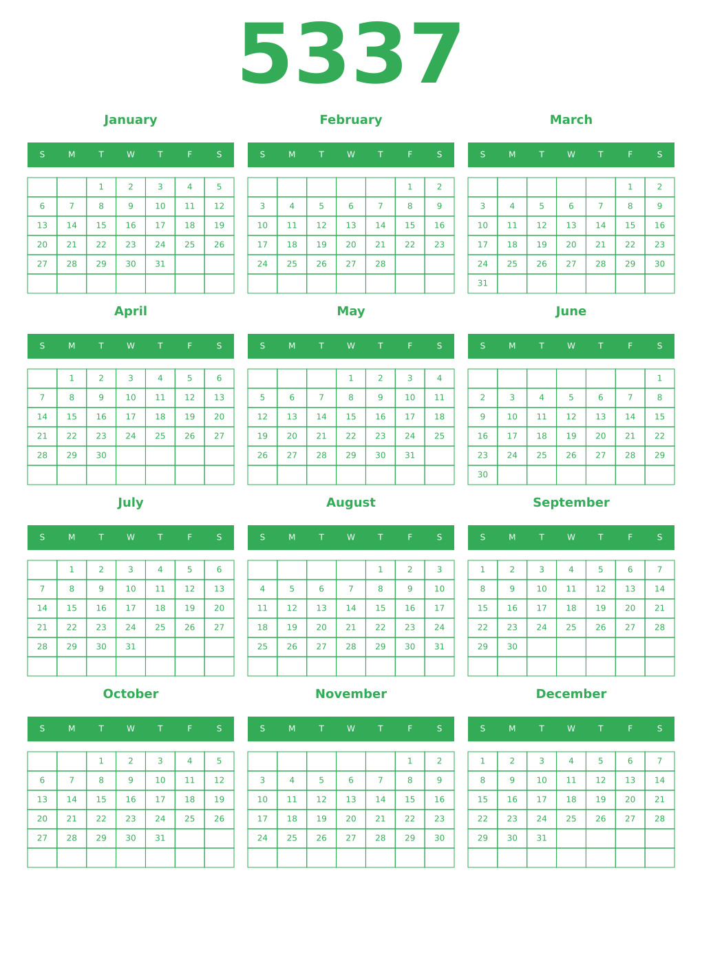 Printable 5337 Year Calendars green