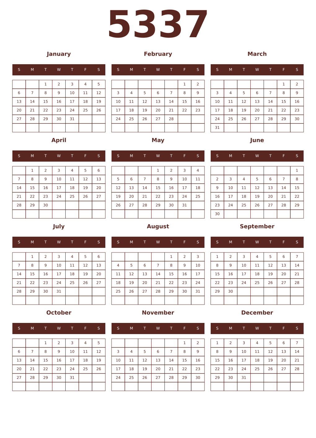 Printable 5337 Year Calendars mortuum
