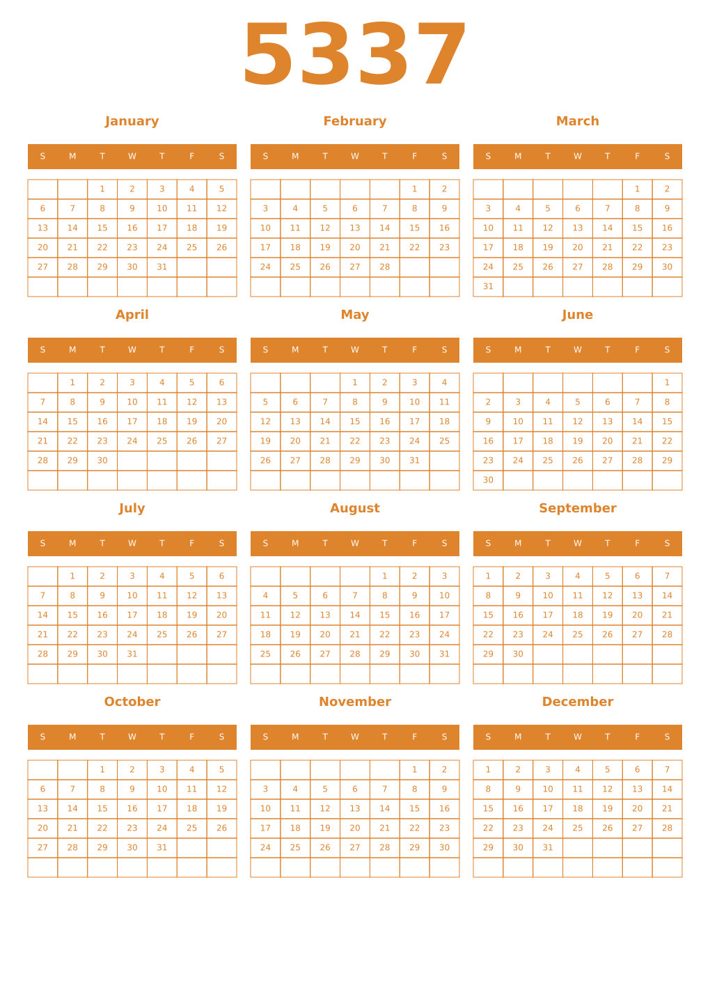 Printable 5337 Year Calendars orange