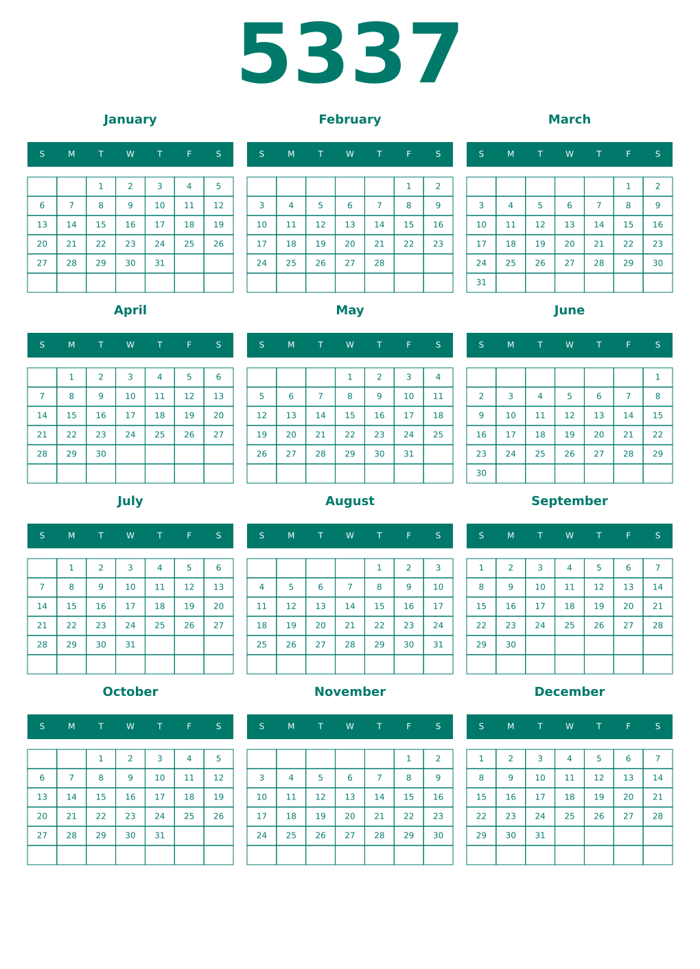 Printable 5337 Year Calendars pastel
