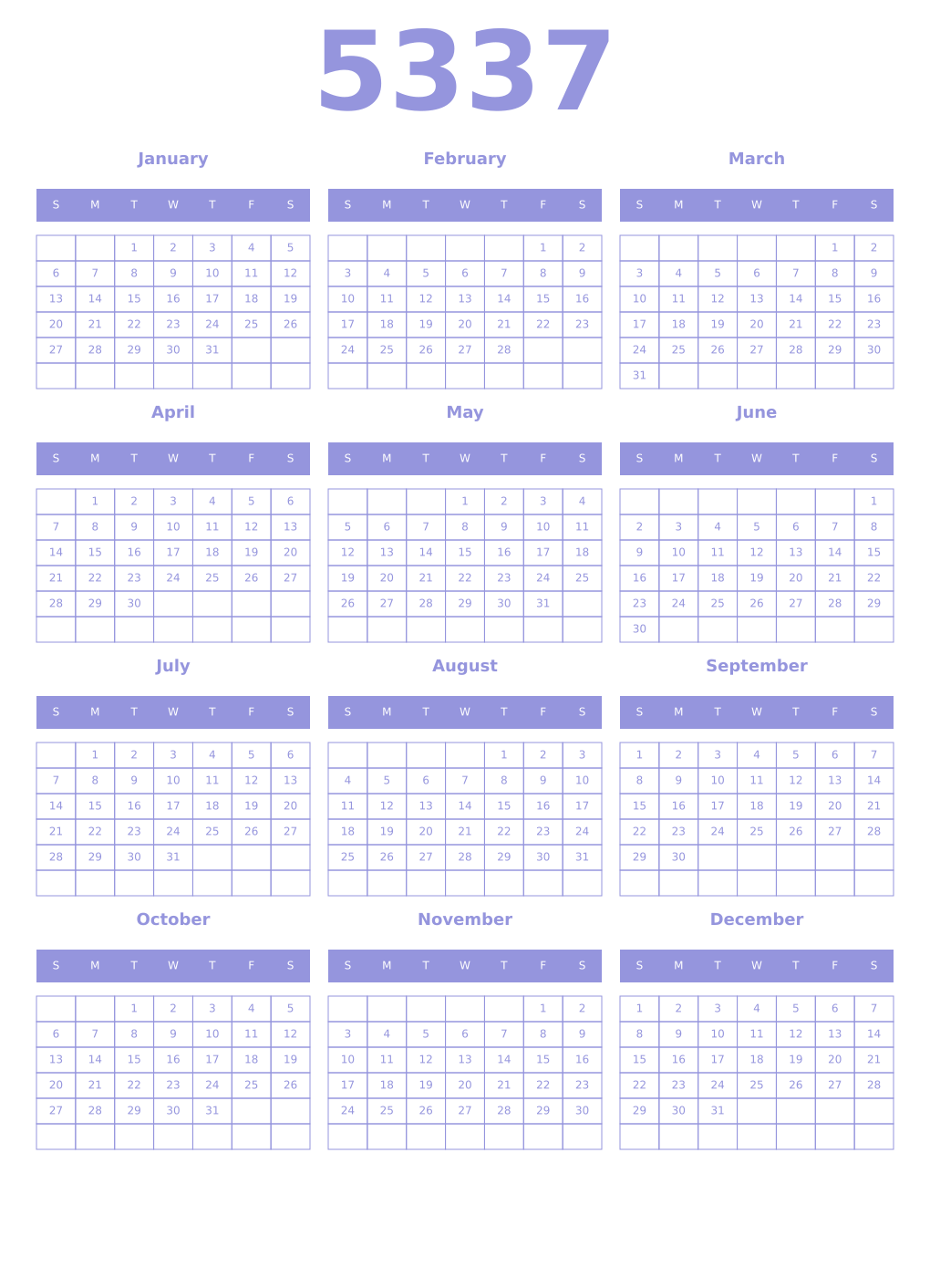 Printable 5337 Year Calendars periwinkle