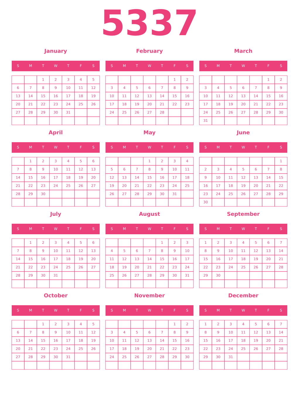 Printable 5337 Year Calendars pink