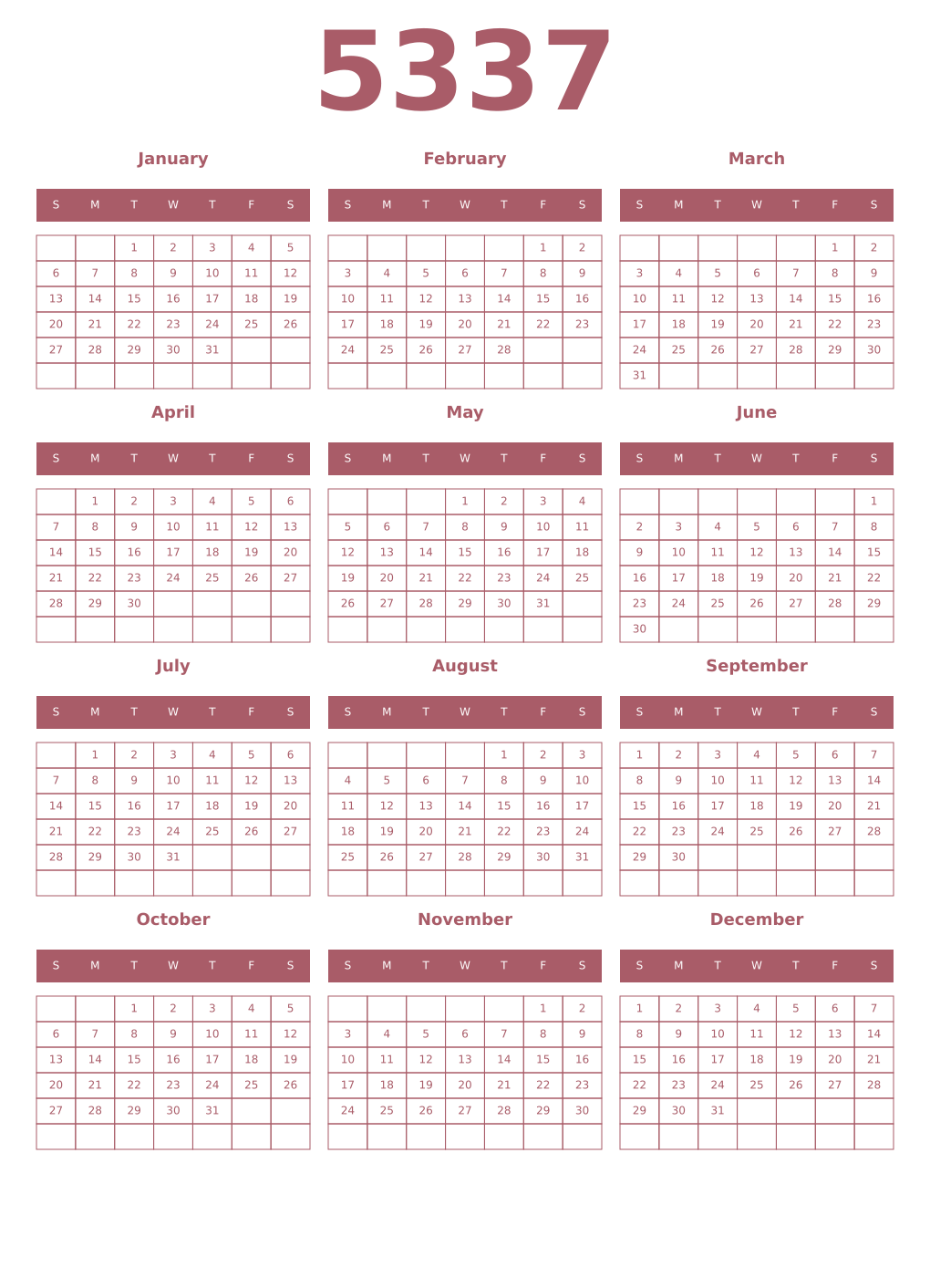 Printable 5337 Year Calendars puce