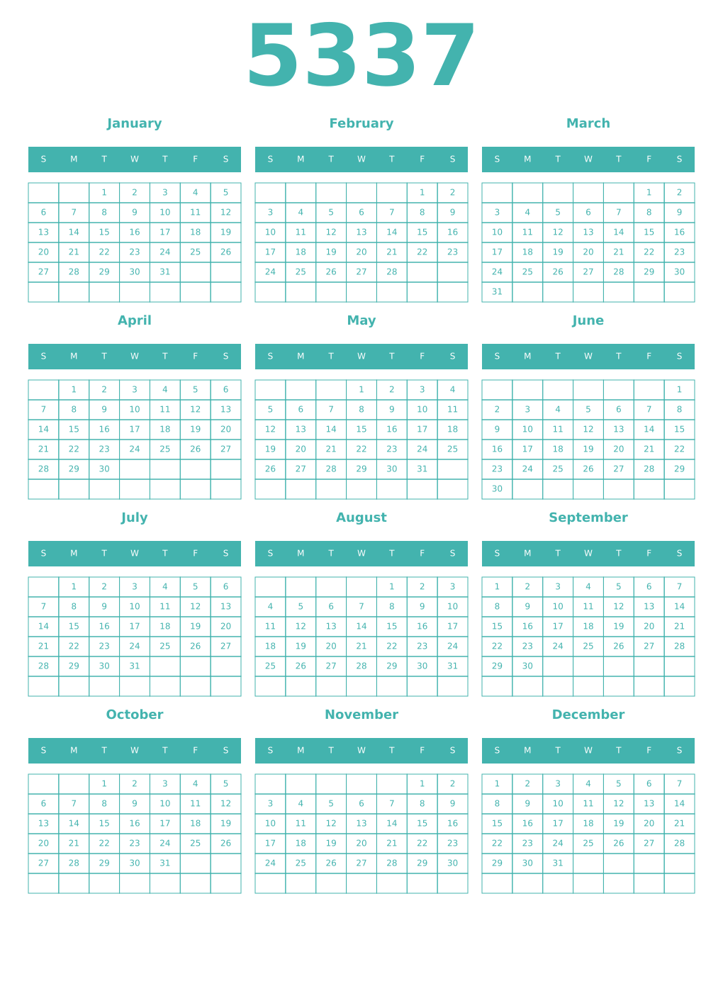 Printable 5337 Year Calendars verdigris