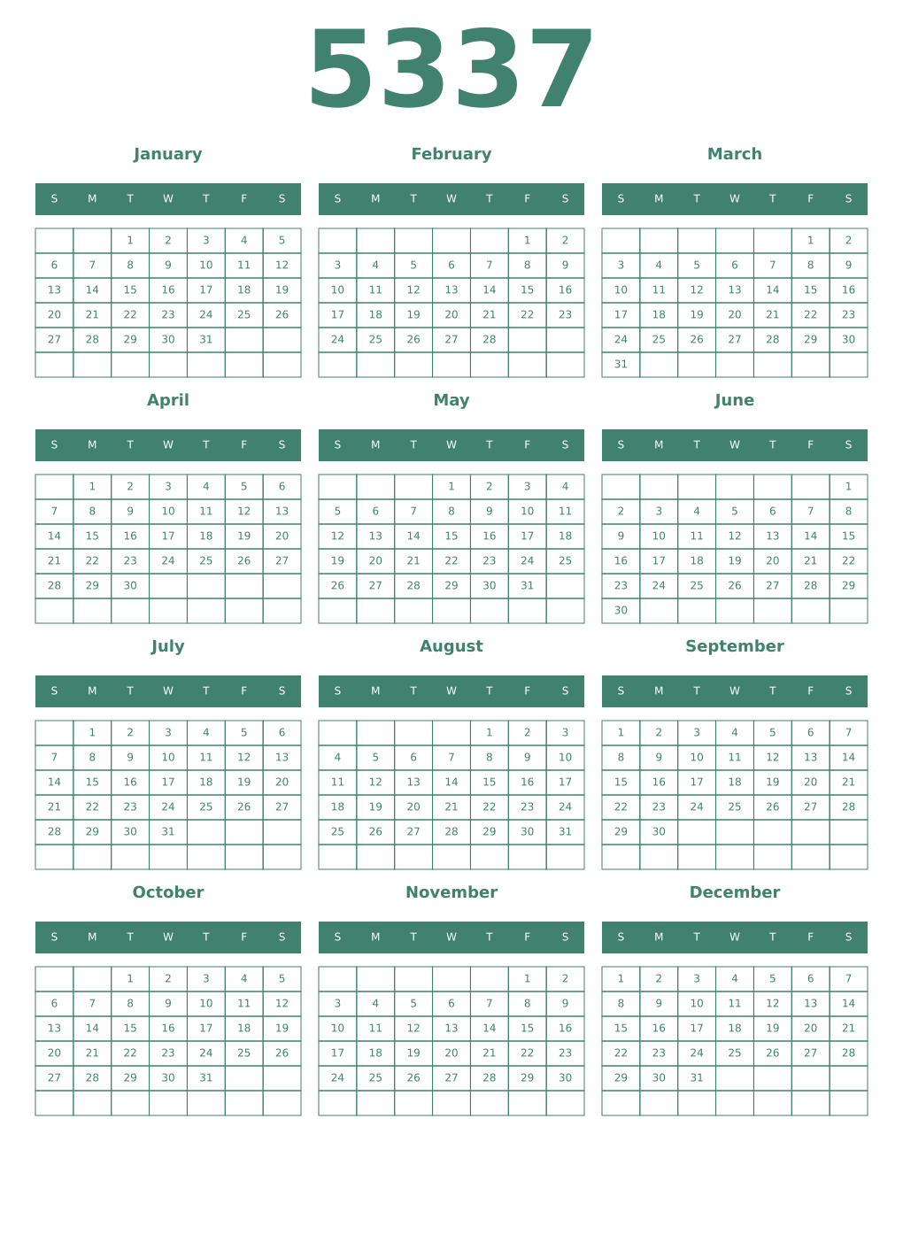 Printable 5337 Year Calendars viridian