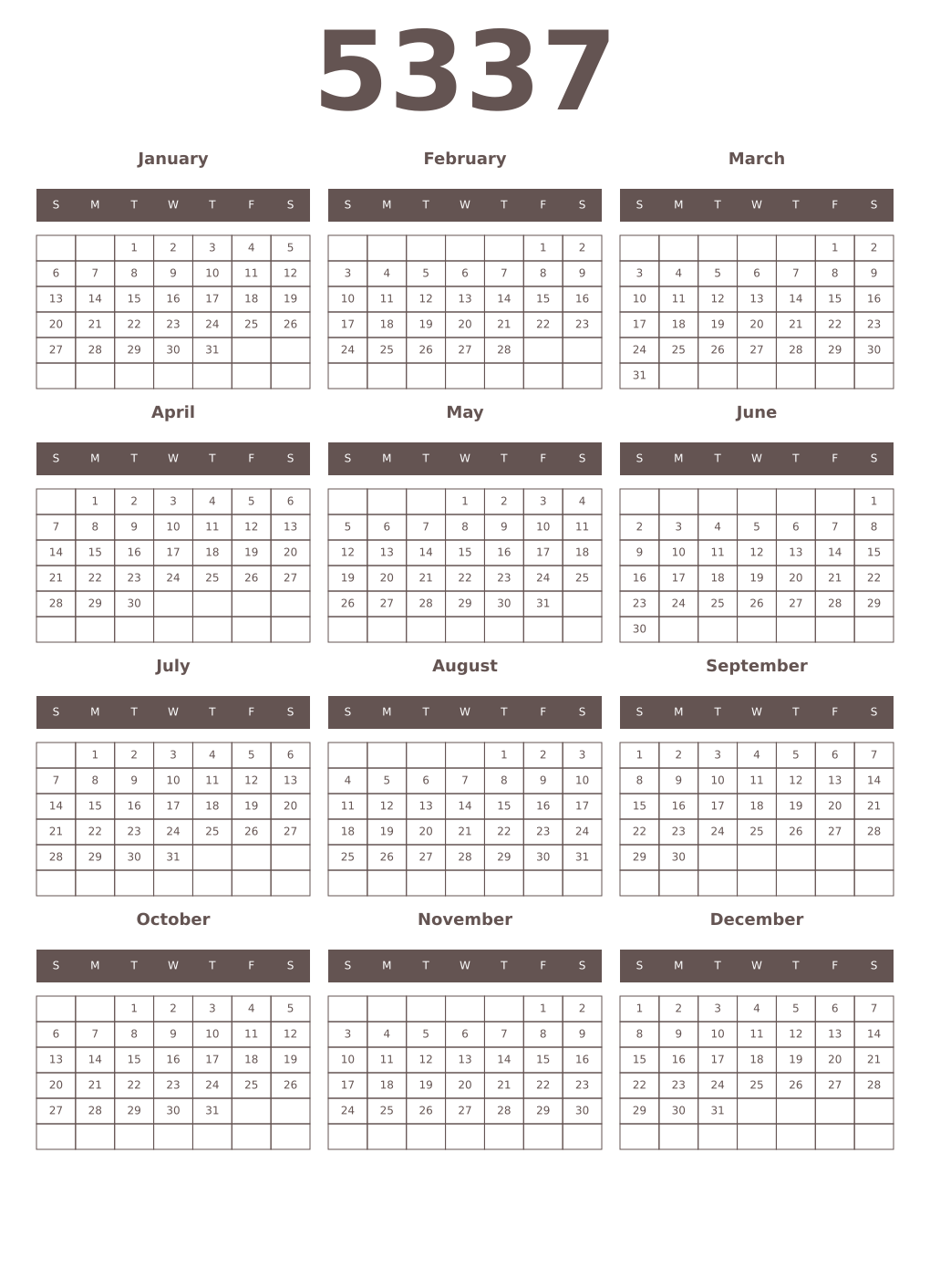 Printable 5337 Year Calendars wenge