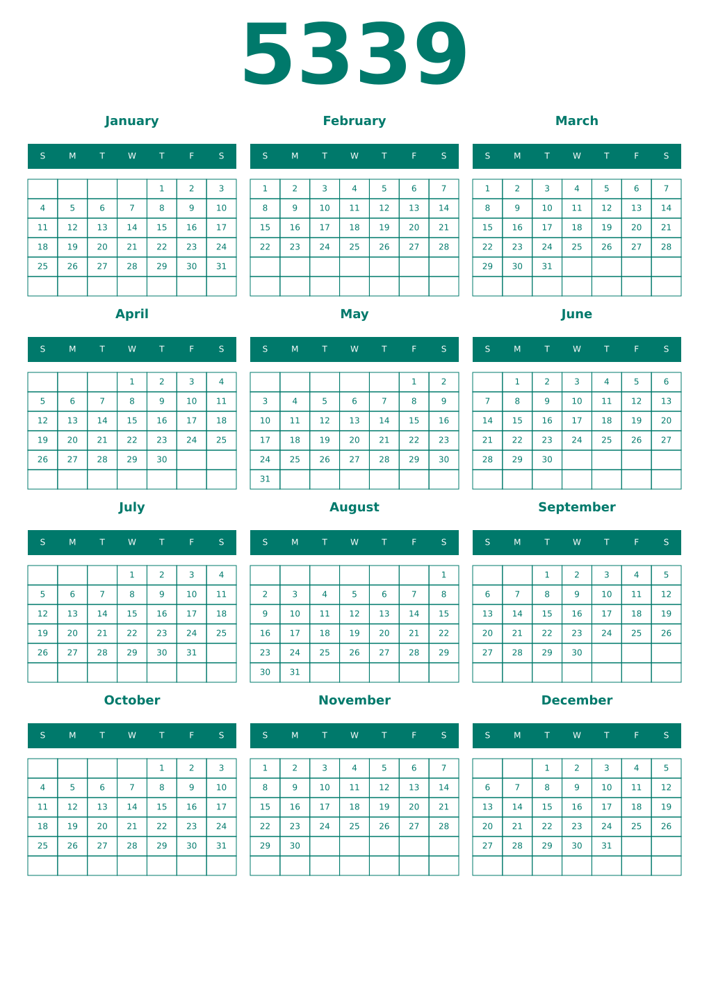Printable 5339 Year Calendars pastel