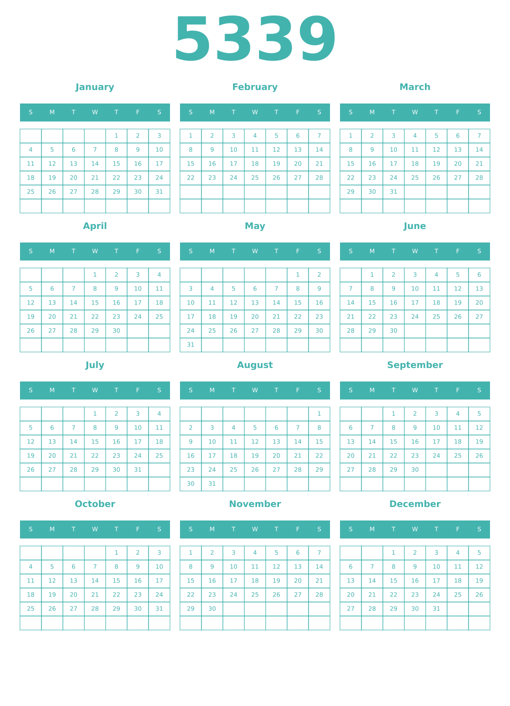Printable 5339 Year Calendars verdigris