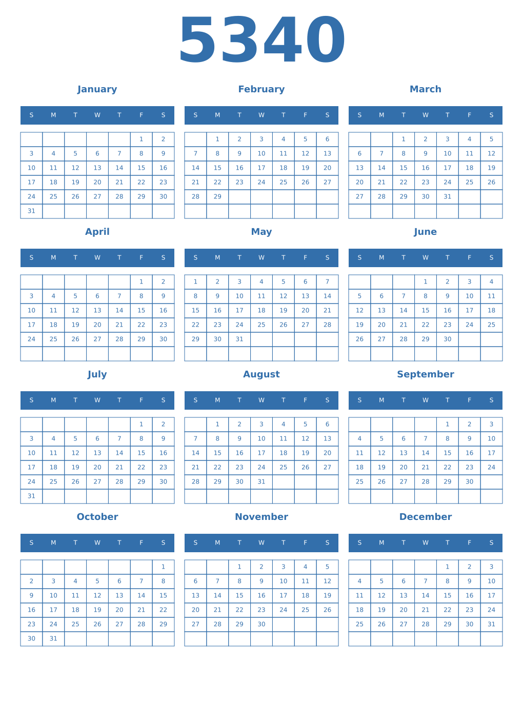 Printable 5340 Year Calendars blue