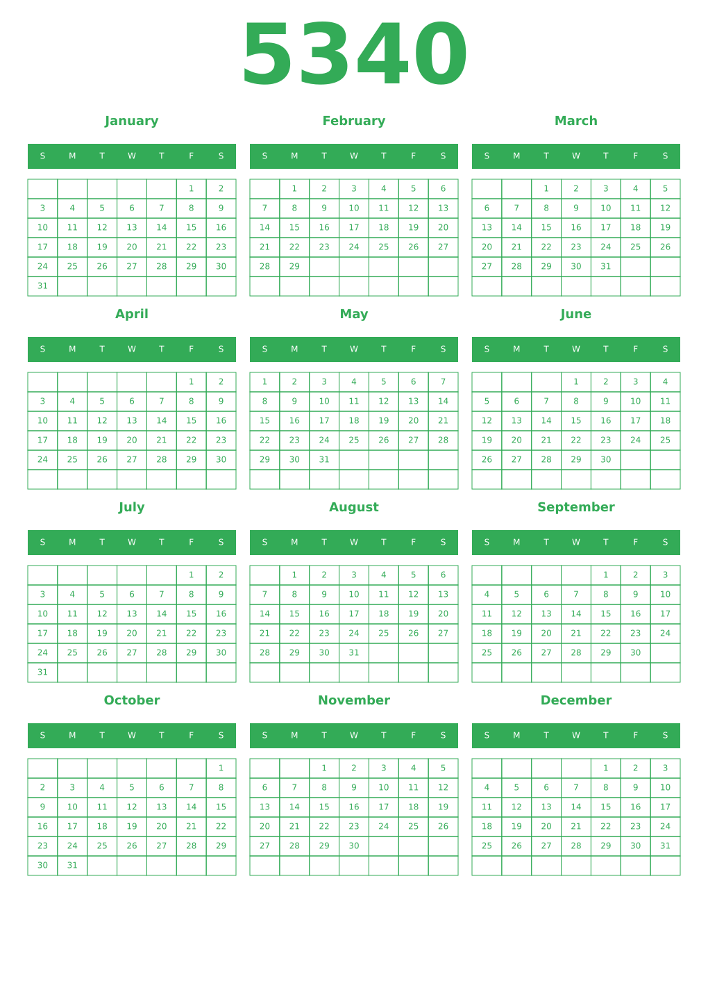Printable 5340 Year Calendars green