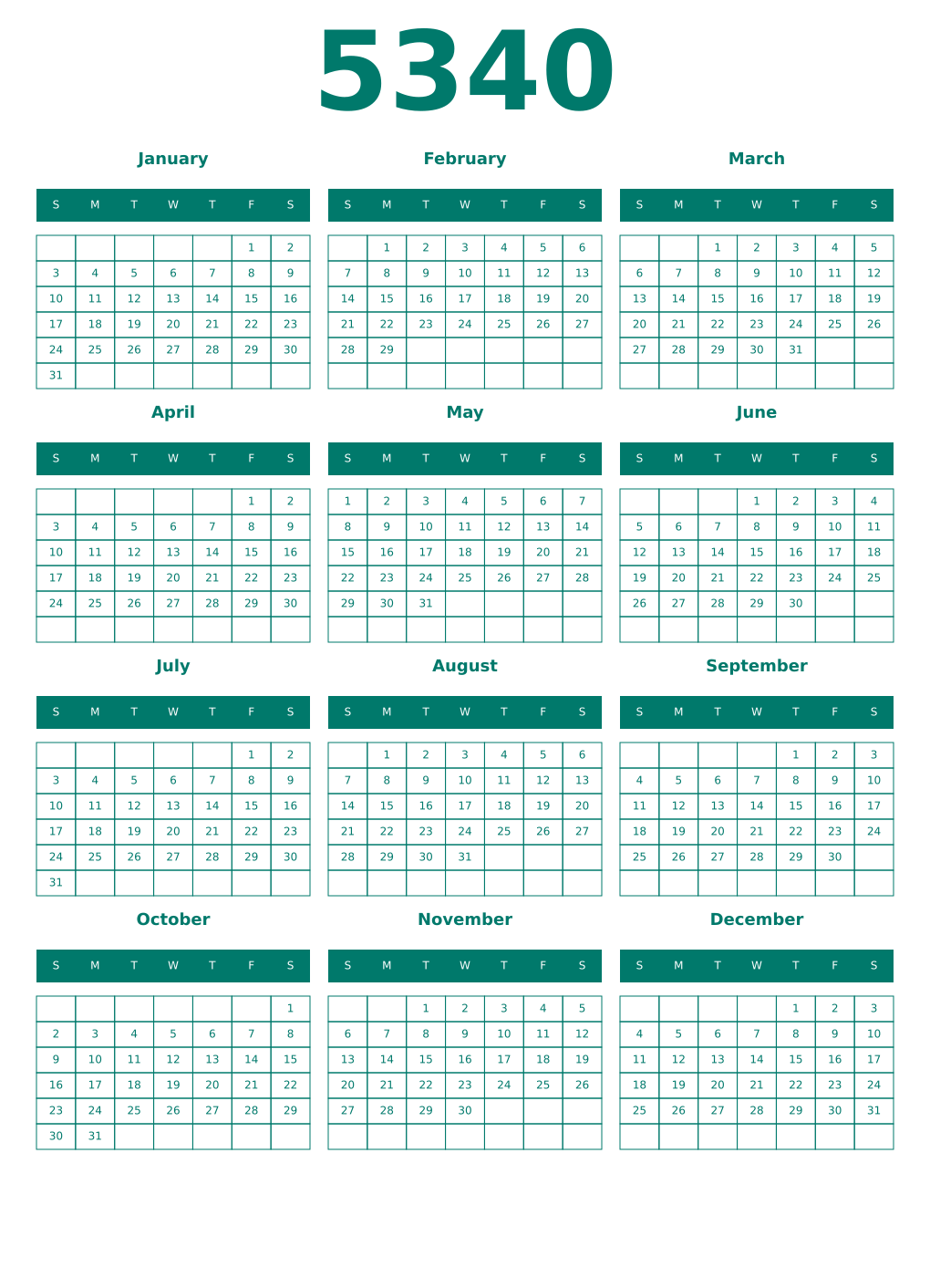 Printable 5340 Year Calendars pastel