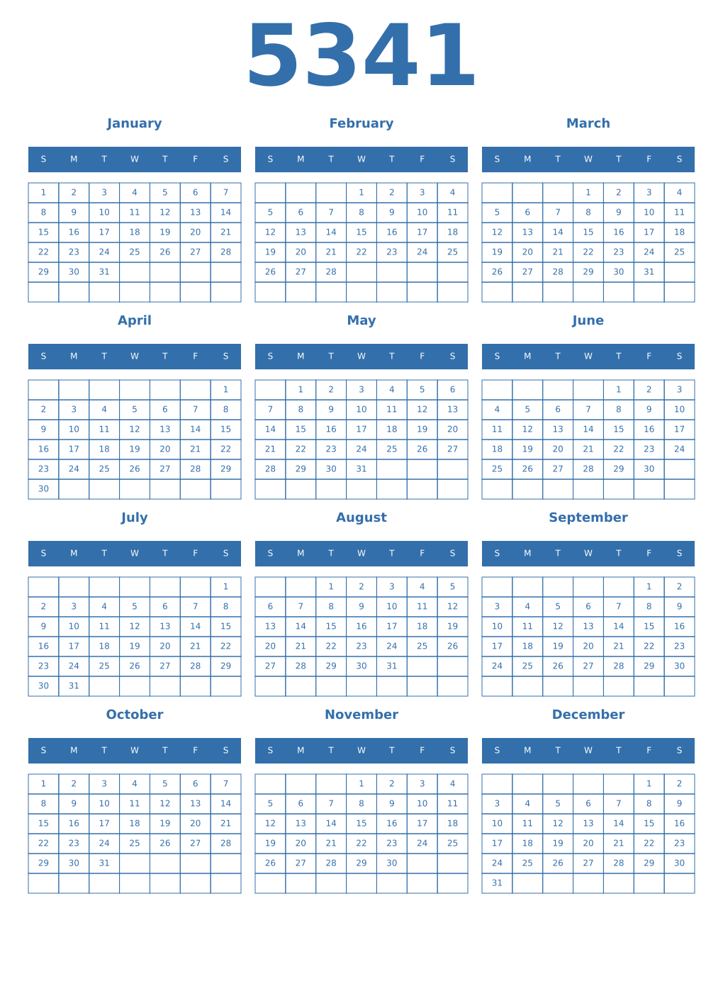 Printable 5341 Year Calendars blue