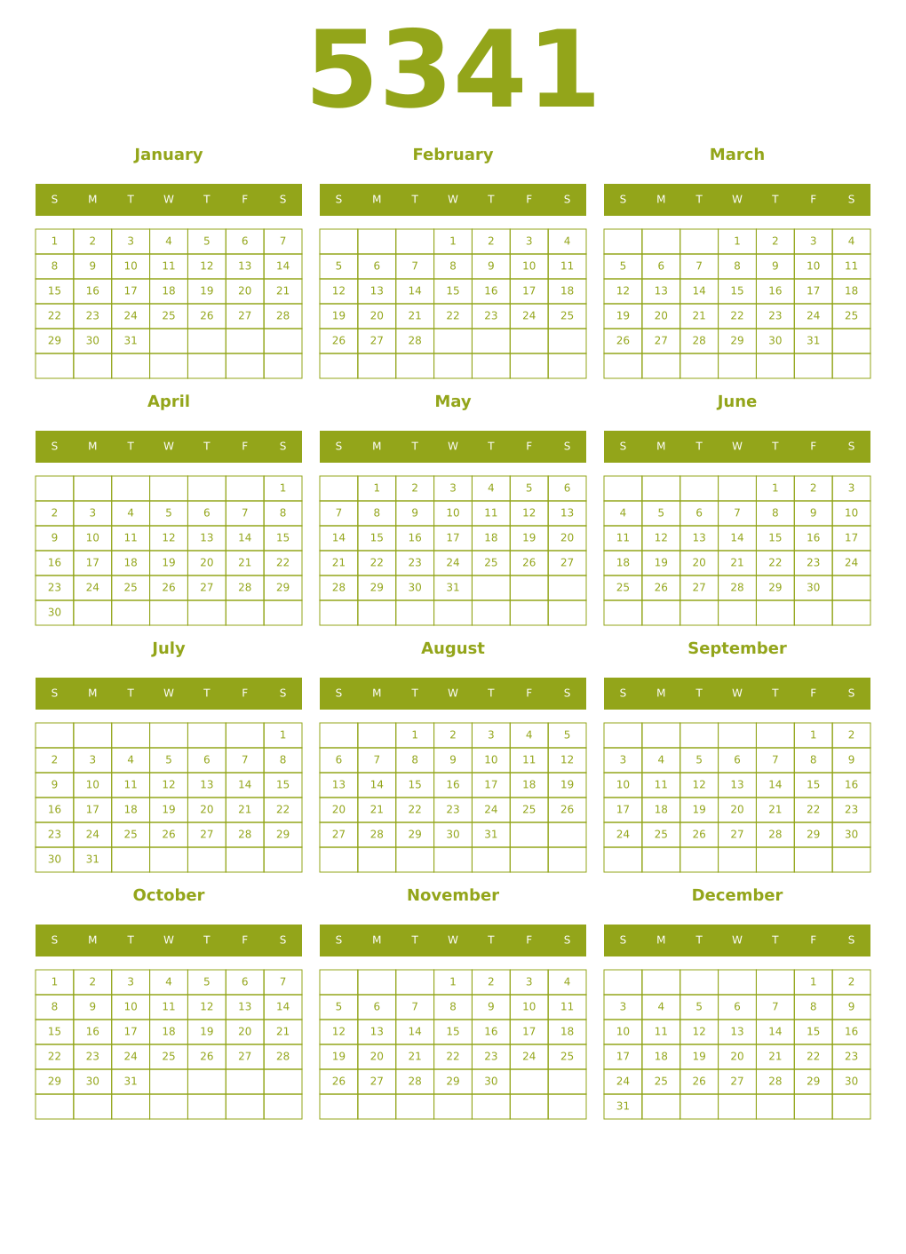 Printable 5341 Year Calendars chartreuse