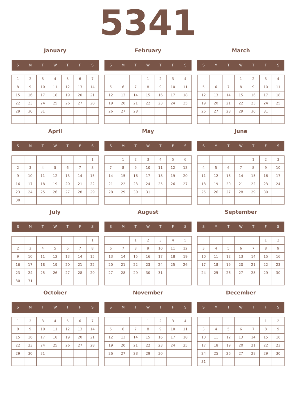 Printable 5341 Year Calendars coffe