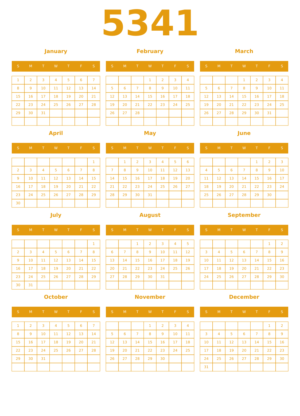 Printable 5341 Year Calendars gamboge
