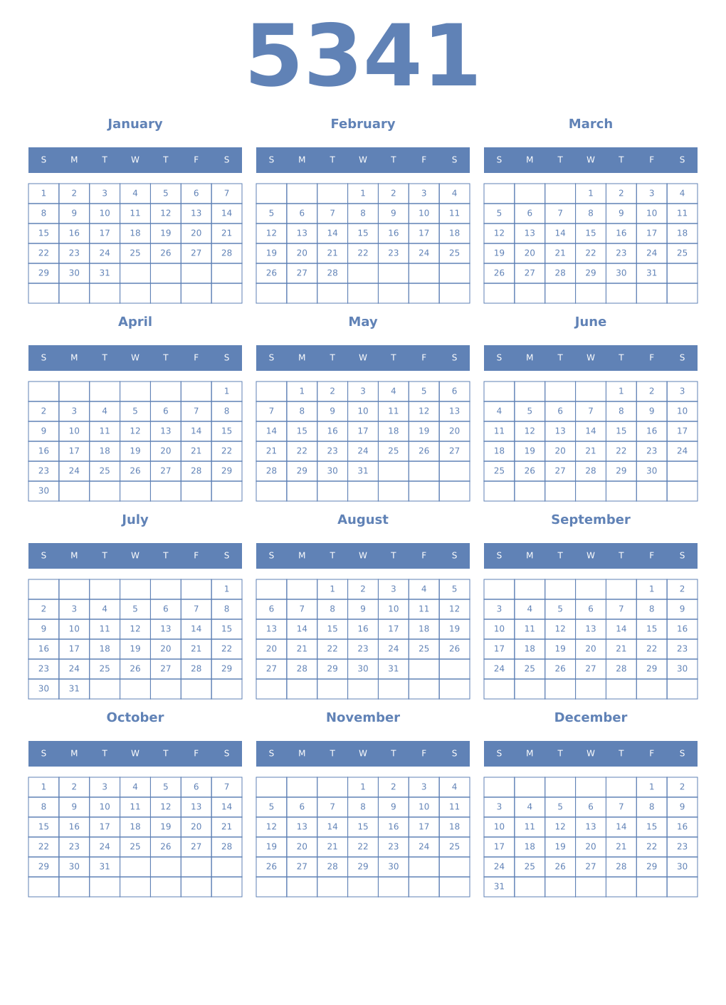 Printable 5341 Year Calendars glaucous