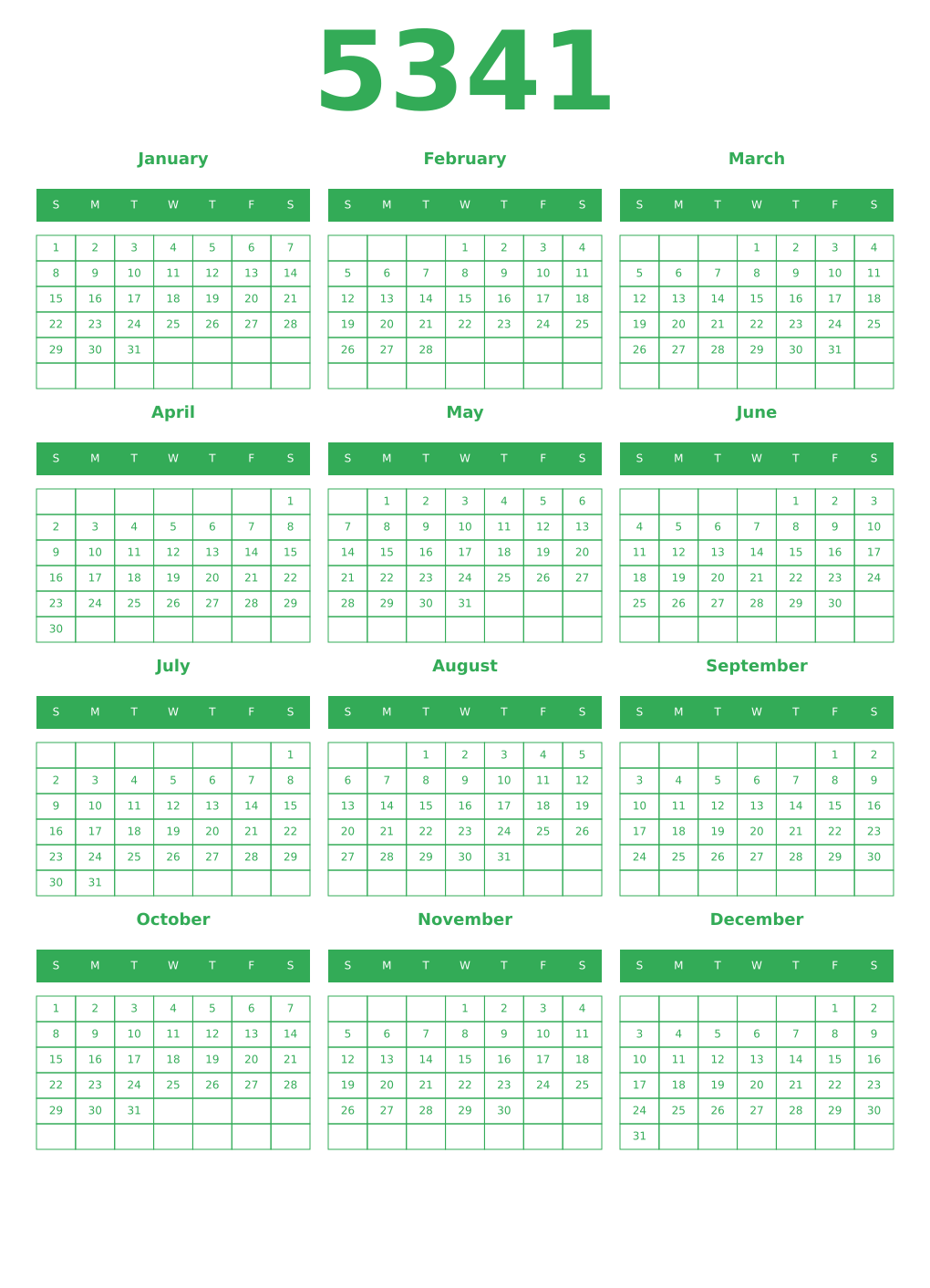 Printable 5341 Year Calendars green