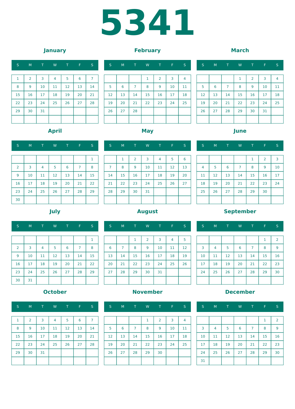 Printable 5341 Year Calendars pastel