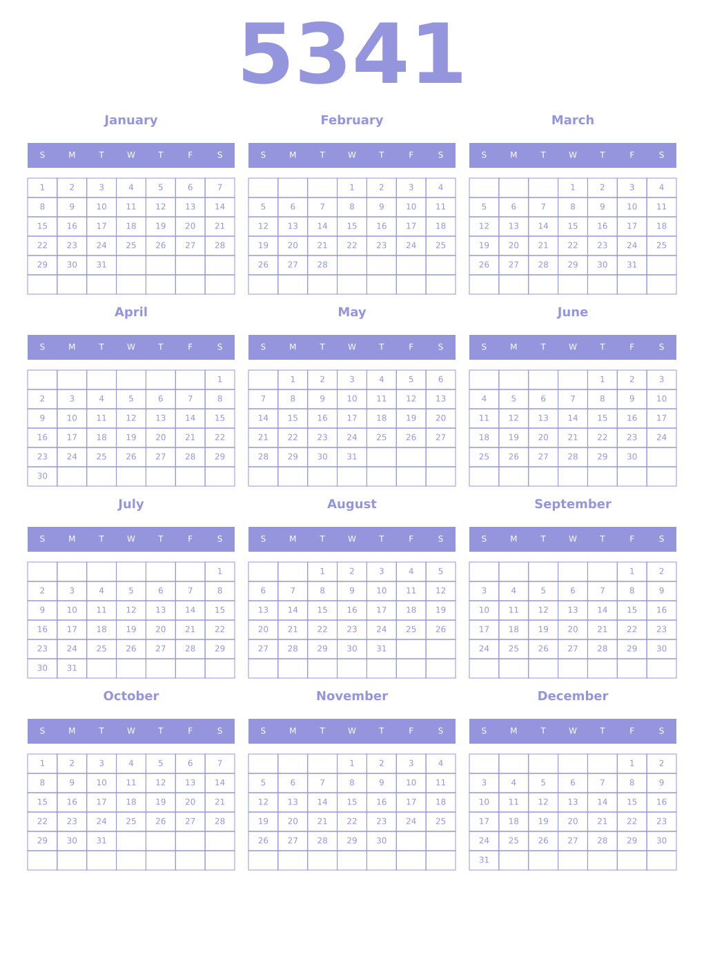 Printable 5341 Year Calendars periwinkle