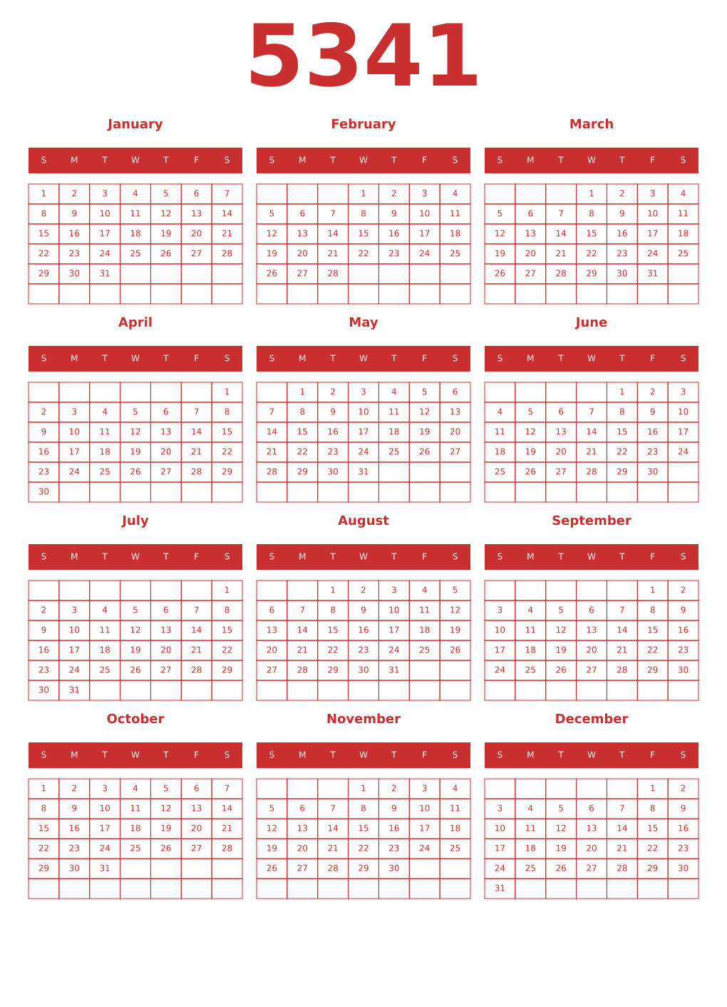 Printable 5341 Year Calendars red