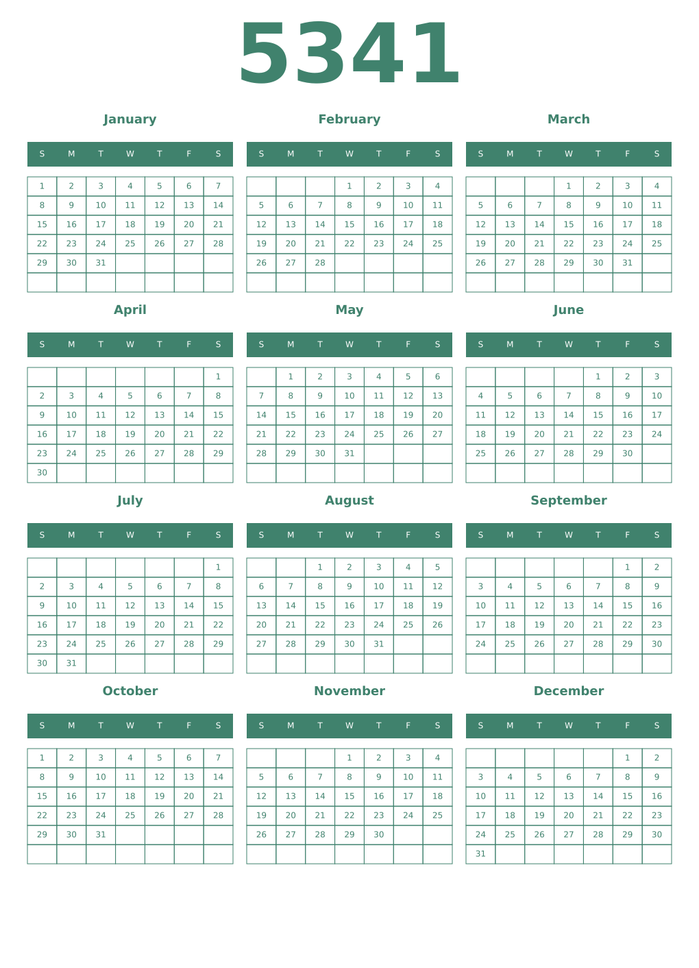 Printable 5341 Year Calendars viridian