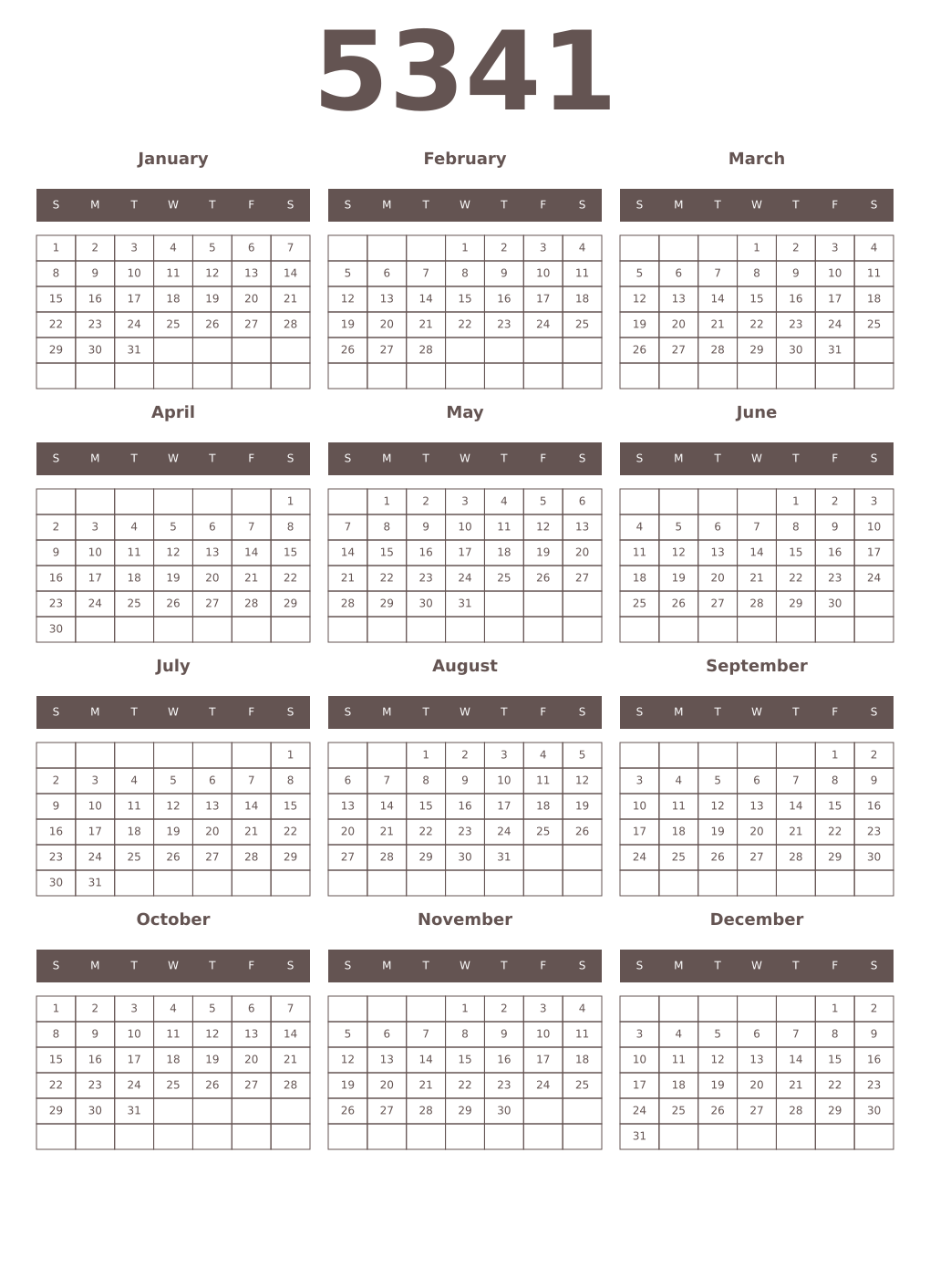 Printable 5341 Year Calendars wenge