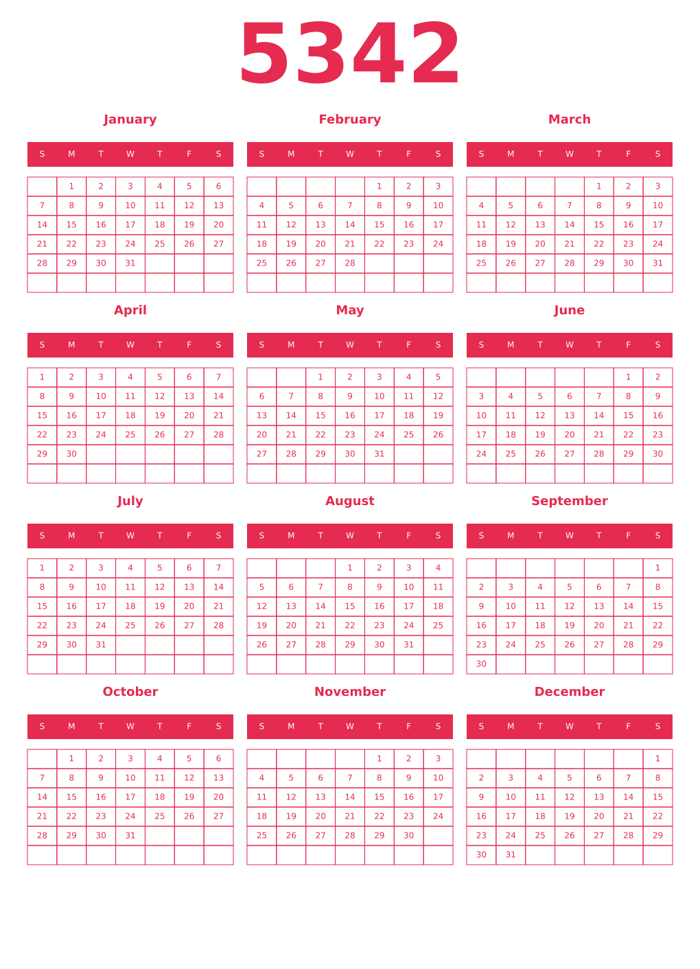 Printable 5342 Year Calendars amaranth