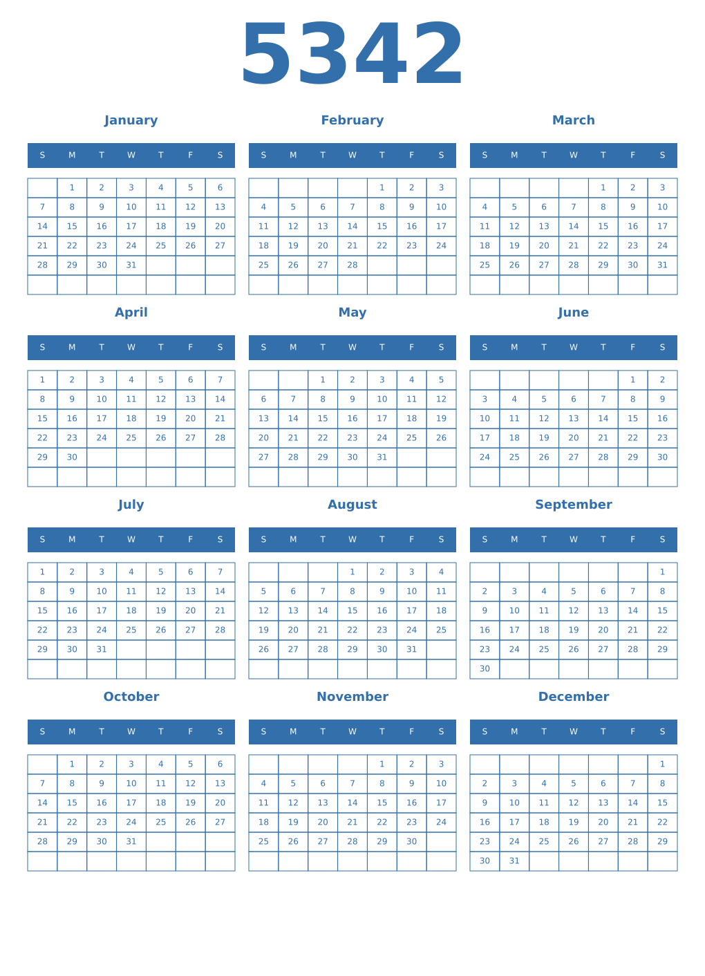 Printable 5342 Year Calendars blue