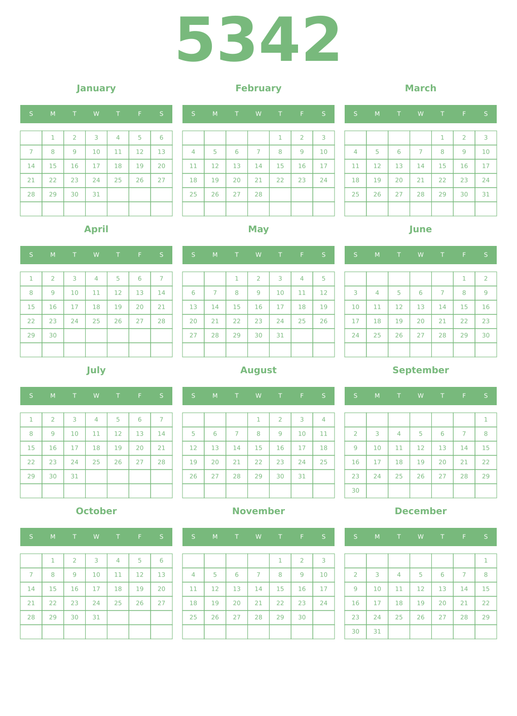 Printable 5342 Year Calendars celadon