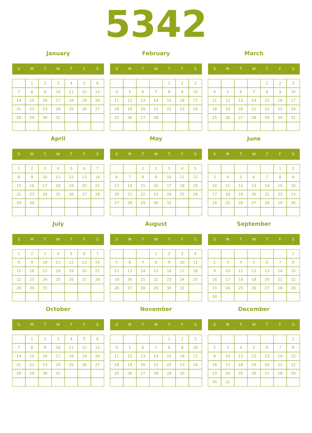 Printable 5342 Year Calendars chartreuse
