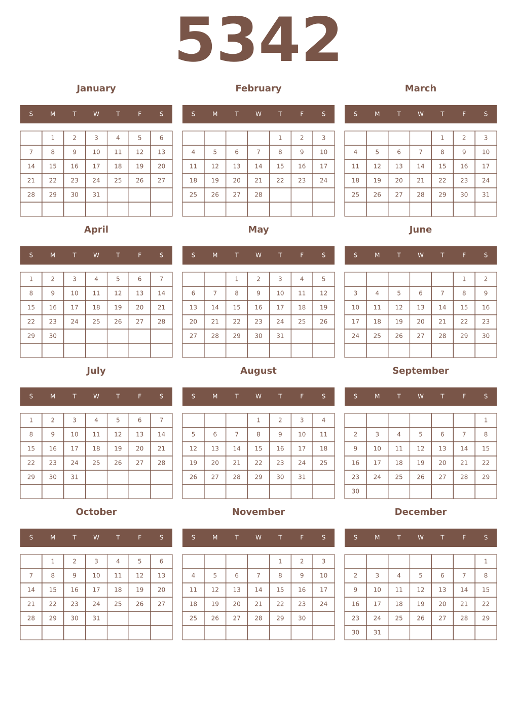 Printable 5342 Year Calendars coffe