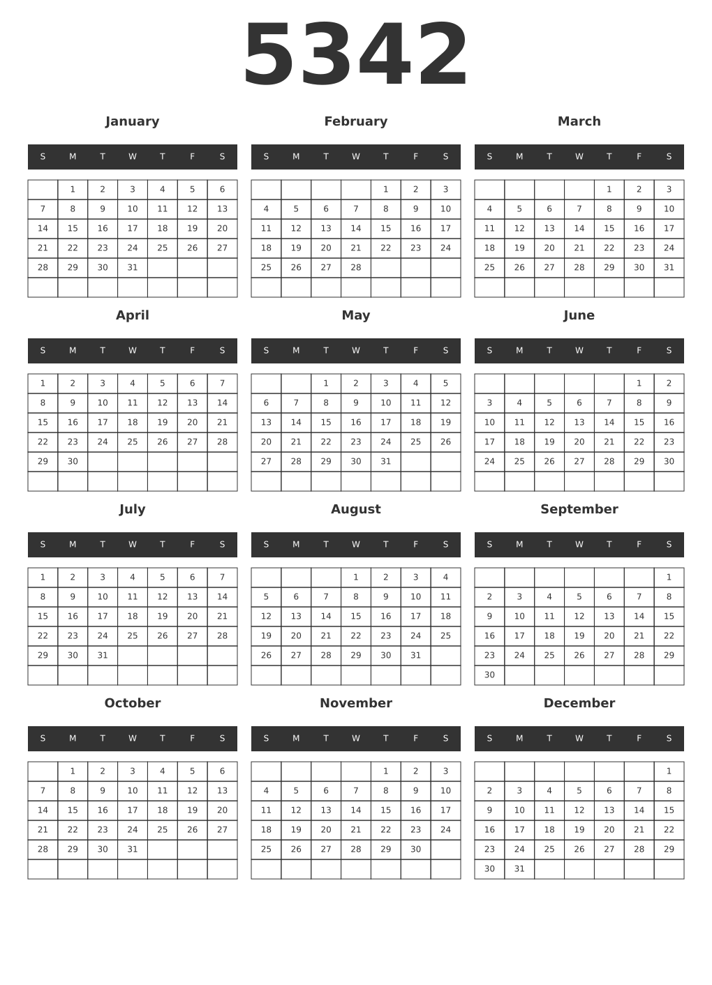 Printable 5342 Year Calendars dark