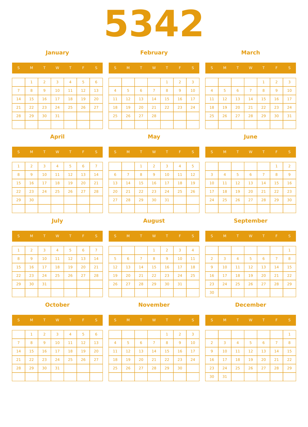 Printable 5342 Year Calendars gamboge