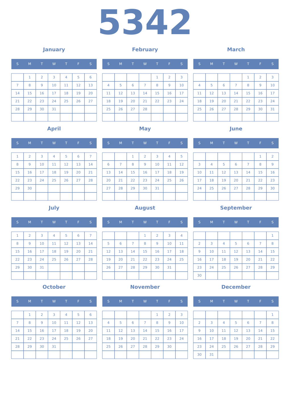 Printable 5342 Year Calendars glaucous