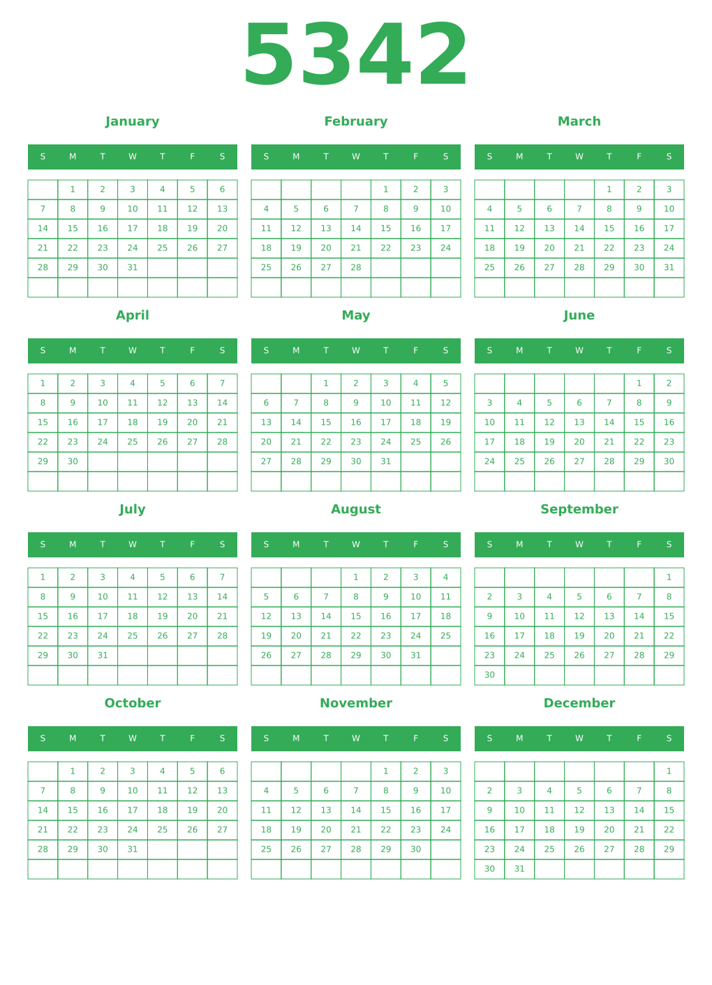 Printable 5342 Year Calendars green