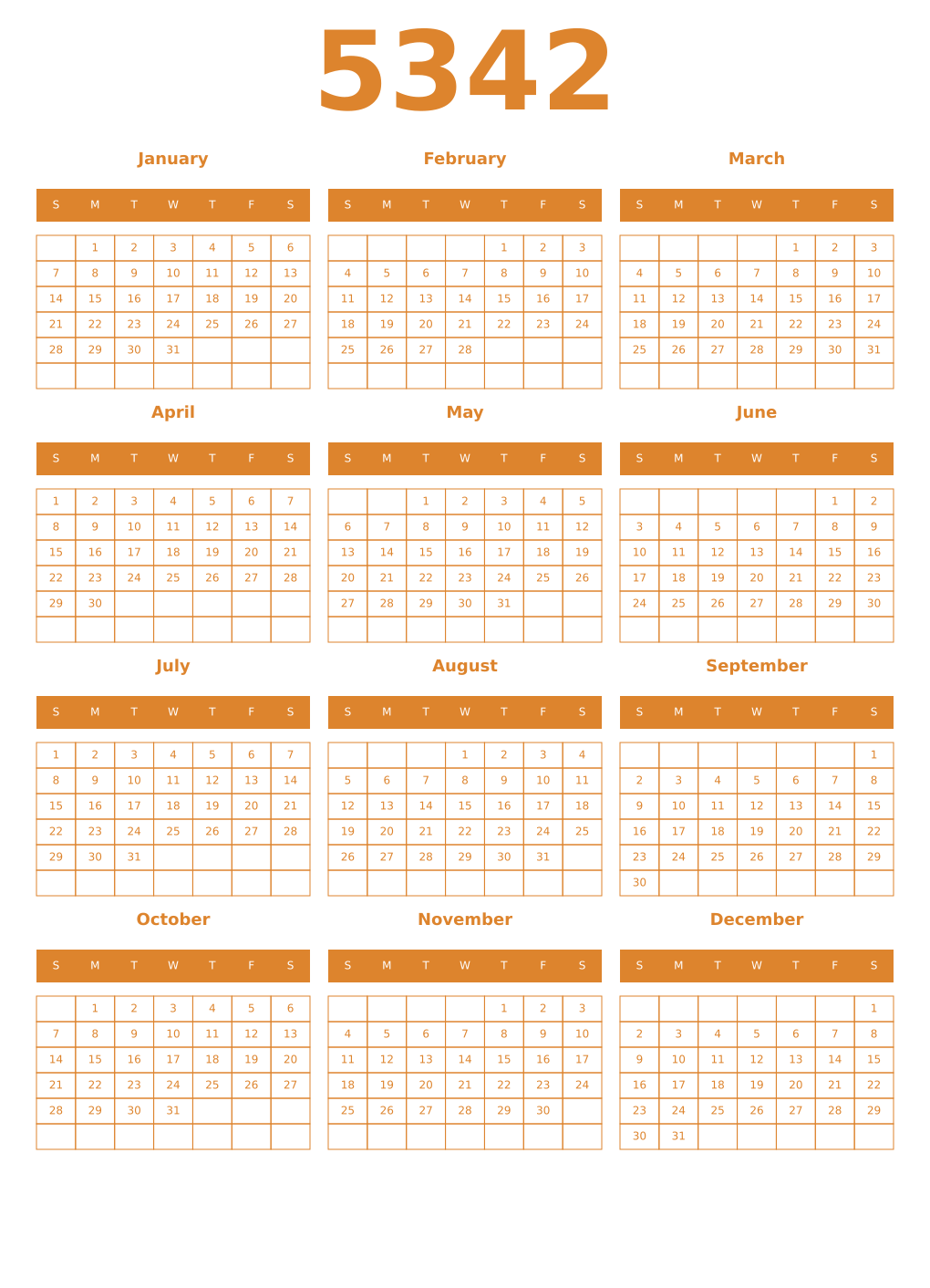 Printable 5342 Year Calendars orange