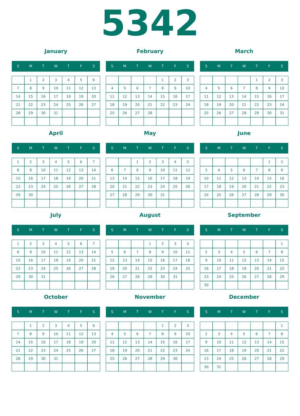 Printable 5342 Year Calendars pastel