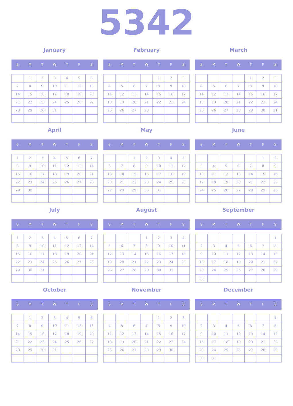 Printable 5342 Year Calendars periwinkle
