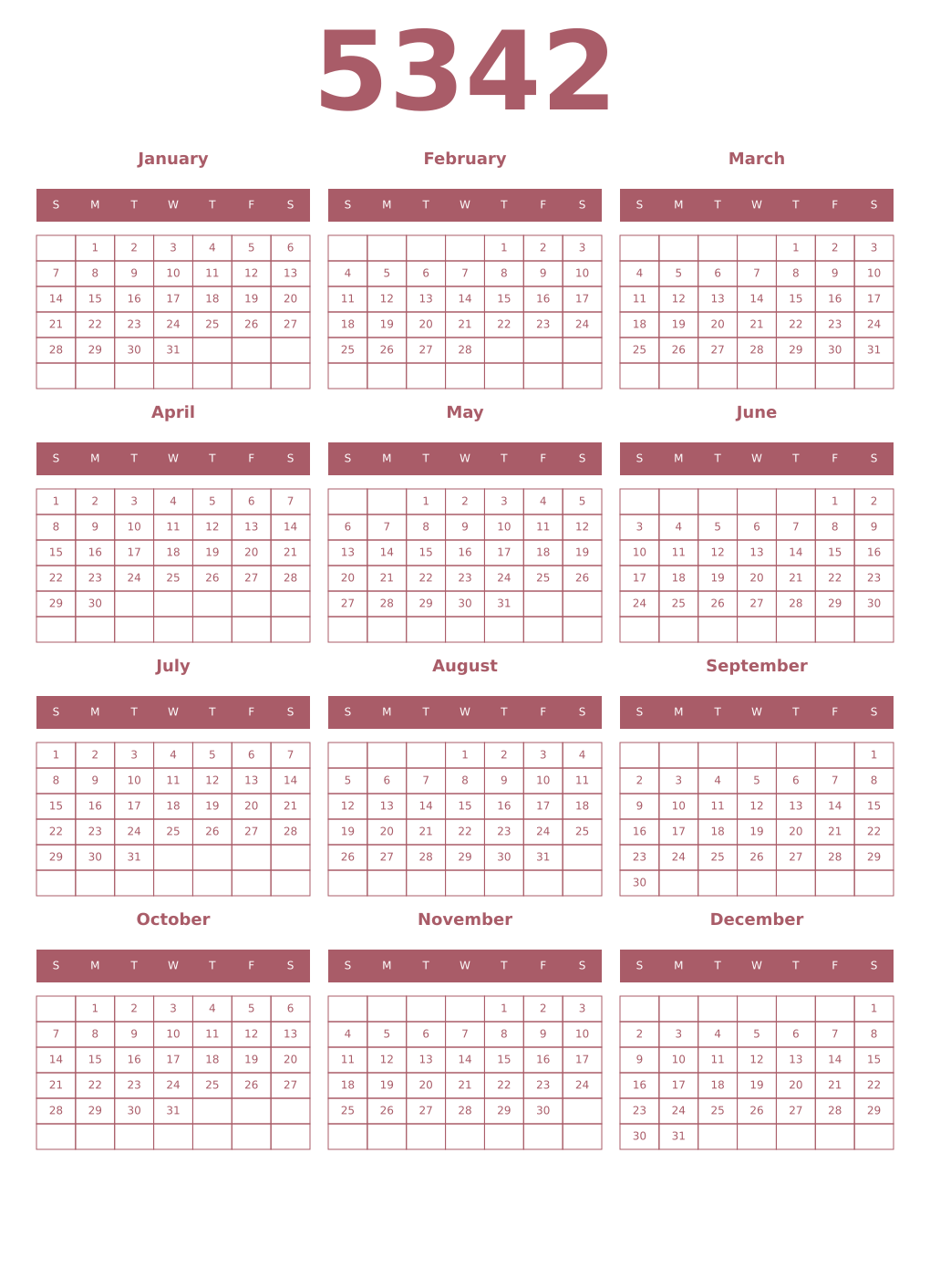 Printable 5342 Year Calendars puce